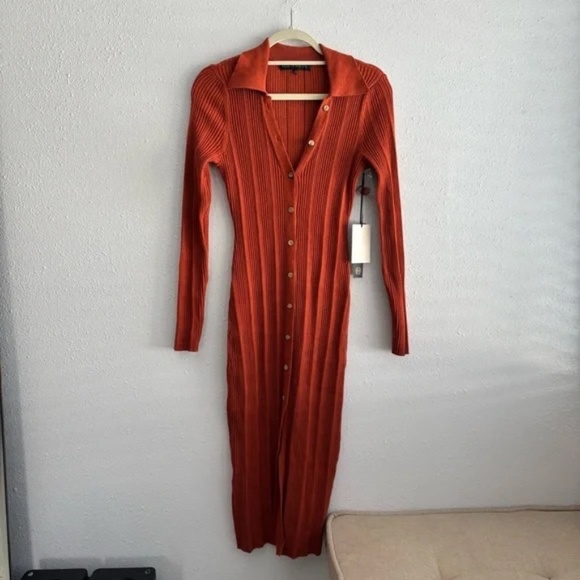 NWT House Of Harlow 1960 'Carmen' Rust Orange Knit Button Down Middi Dress - Picture 4 of 6